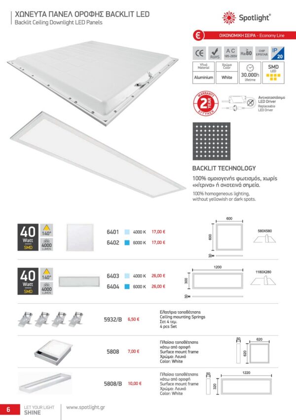 ΧΩΝΕΥΤΑ ΠΑΝΕΛ ΟΡΟΦΗΣ BACKLIT LED 6401